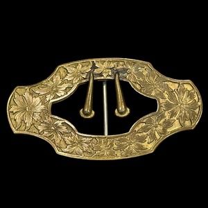 Antique Victorian Buckle Style Sash Pin Brooch Ornate Floral Design Brass
